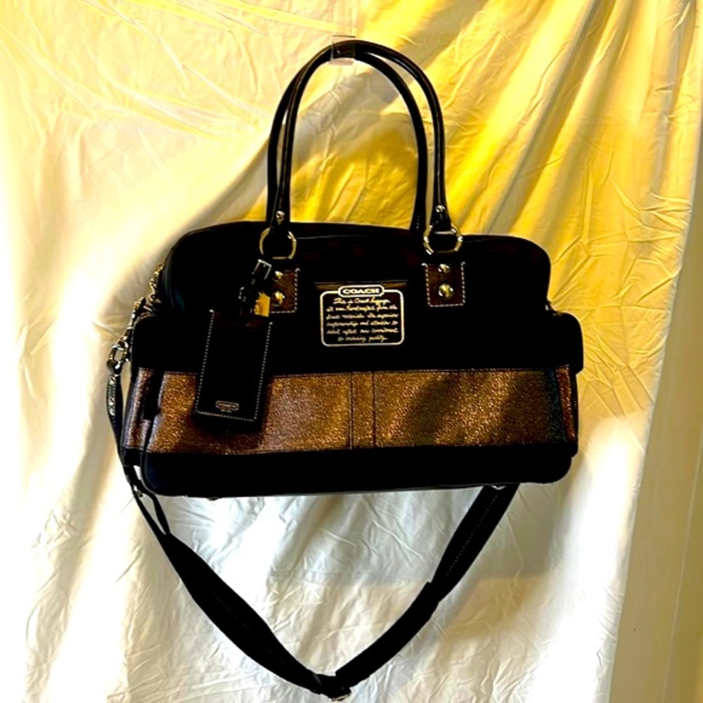 COACH Logo 2 Way Authentic Tote Bag duffel Charm Canvas Leather 10392 Black - Picture 2 of 10